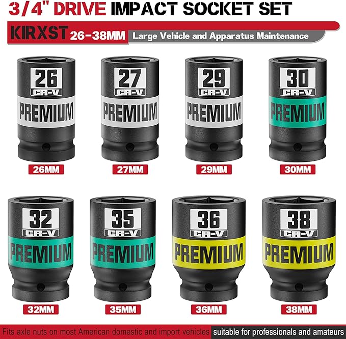 8 Piece 3/4" Drive Impact Socket Set, Metric Axle Nut Sockets, 26-38mm Thicker Jumbo Sockets, Socket Set, 6 Point, Cr-V, Vehicle and Apparatus Maintenance