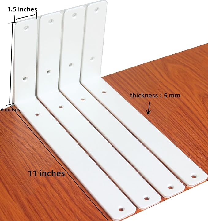 6 Pack - L 11" x H 6" x W1.5, 5mm Thick White L Shelf Bracket, Iron Shelf Brackets, Metal Shelf Brackets, Floating Shelf, Shelf Supports with Screws