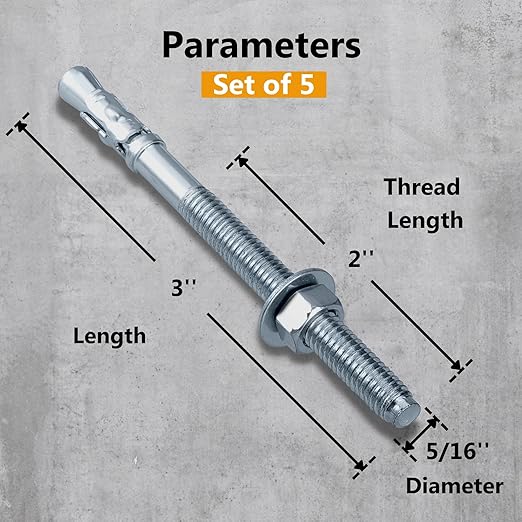 Party Animals 5/16 x 3 Inch Wedge Anchor, 5 PCs Zinc-Plated Industrial Anchor Bolts for Cement, Concrete