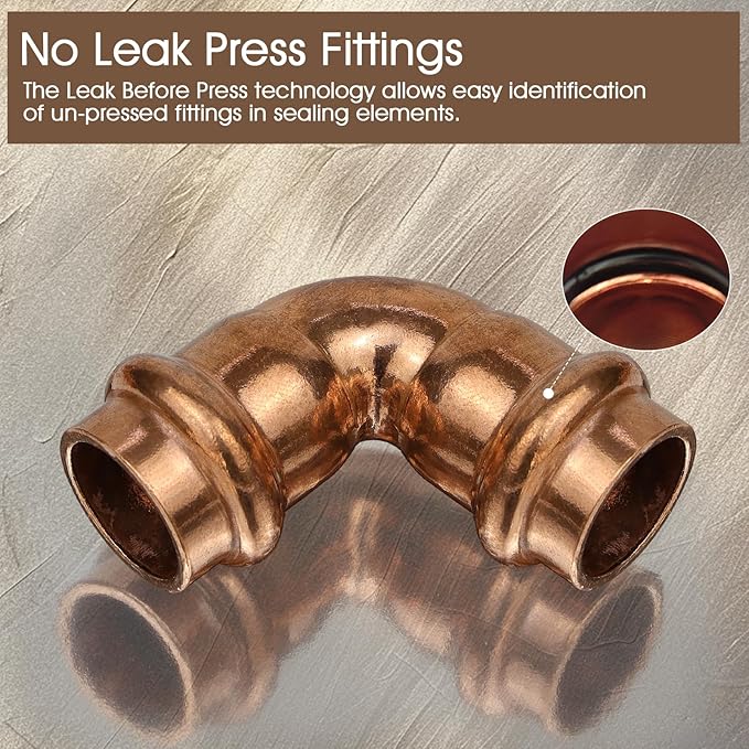 Copper Press Fittings 3/4inch Copper Coupling with Stop&Copper 90 degree Elbow with 3/4 Inch PxP, 3/4" 6PKPress Fittings Coupling with Stop+6PK 90 Degree Elbow,OD 7/8",Use with Hydraulic Press Fitting