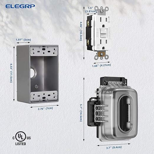 ELEGRP Outdoor GFCI Outlet with in Use Cover and Box Kit, 1 Gang, 15 Amp TRWR Self-Test GFI Receptacle, Extra Duty Metallic Electrical Outlet Box, Lockable in Use Cover, UL Listed, White, 1 Pack
