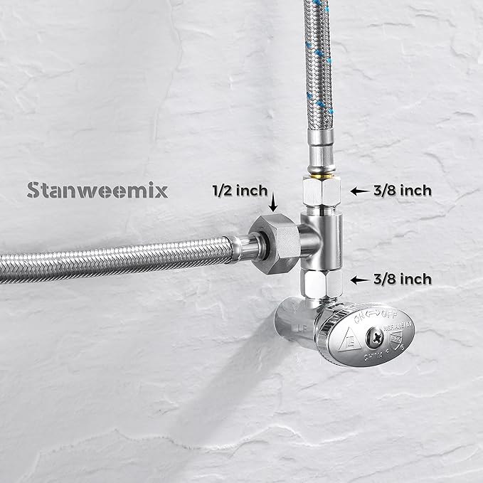 3/8 x 1/2 Adapter T Connector, ADD-A-Tee Adapter 3 Way Valve 3/8 Tee Compression, Stainless Steel Splitting Water Supply T Pipe Fitting for Bidet Hose, Angle Stop Valve T Connector