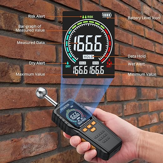 Proster Rechargeable Moisture Meter - Pinless Damp Meter for Walls with 2.4 inch Colour LCD Screen Sound Light Alarm Damp Detector Detects 5-40 mm Depth for Wood Building Cardboard Concrete