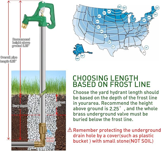 Yard Hydrant Frost Proof Outdoor Faucet Frost Free Freeze Proof Faucet for Yard Garden Farm Pasture Irrigation, Water Hydrant 3/4" Pipe Connection, 6.25ft Total Length 4' Bury