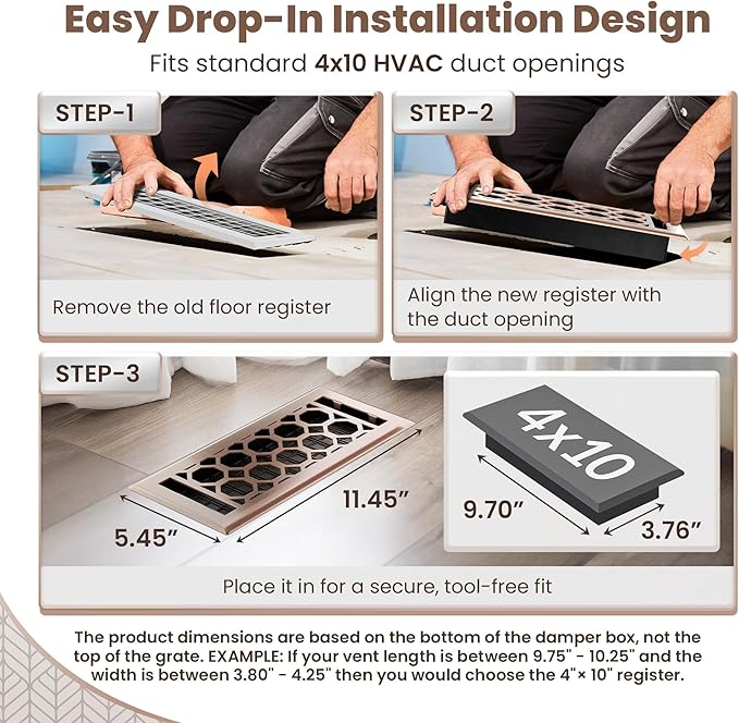 Floor Register 4x10 Vent Cover – Heavy-Duty Steel, Rustproof & Walkable Grates, Easy Drop-in Install, Adjustable Air Supply Switch - Decorative Honeycomb Design, Satin Bronze