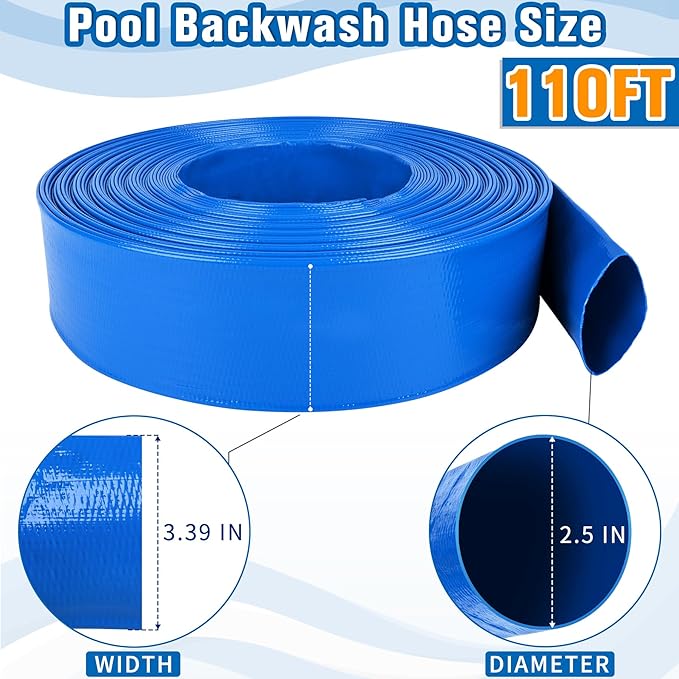 MYFAMIREA 2.5IN x 110FT Pool Backwash Hose Heavy Duty Drain Discharge Double PVC Layflat Hose with 2 Clamps, Weatherproof Burst Resistant for Water Transfer, Sump Pump, Pool Filter, Drain (33.6M,Blue)