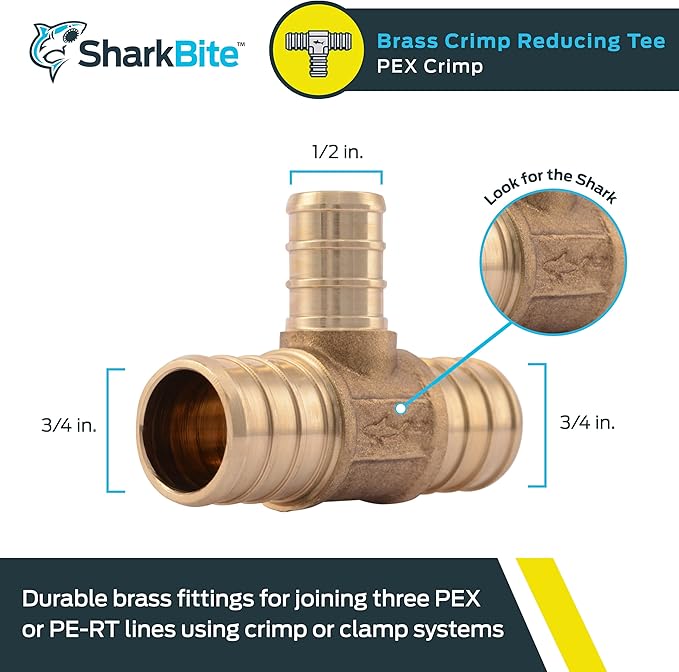 SharkBite 3/4 Inch x 3/4 Inch x 1/2 Inch Crimp Reducing Tee, Brass Plumbing Fitting, PEX Pipe, PE-RT, UC412LFA