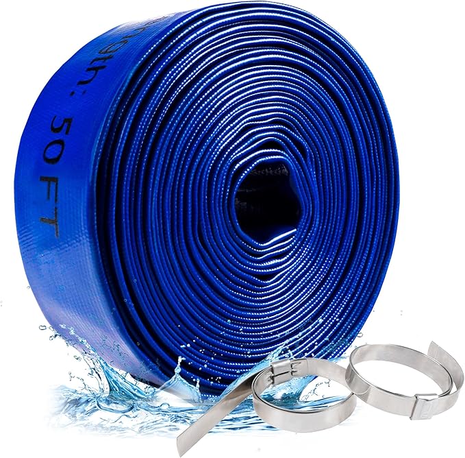 ZYfire Pool Backwash Hose with 2 Clamps - 2" x 50 FT PVC Lay Flat Discharge Hose Heavy Duty Reinforced Pool Hose Weather and Burst Resistant for Pool Drain, Sump Pump, Pool Filter