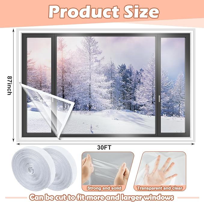87 Inch X 30 ft Window Insulation Kit Cuttable Transparent Film with Adhesive Straps Reusable Window Plastic for Winterizing Thicken Thermal Waterproof Attic Insulation Cover Warm Winter
