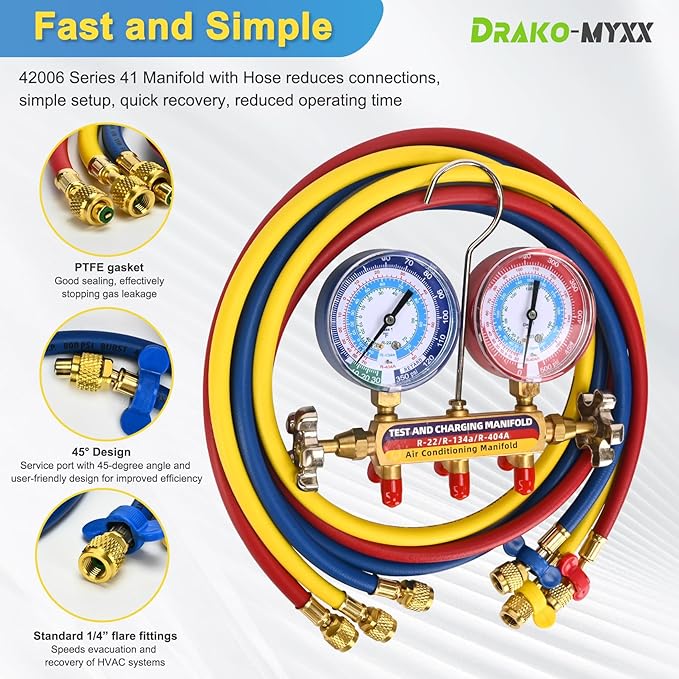2026 Upgrade 42006 Test and Charge Manifold Set with 3-1/8" (80 mm) Gauge, for R-22/134A/404A, 1/4" to 1/4" Standard Flare Fittings with 72"(6Ft), Hvac Gauges with Colored Label and Hoses Set