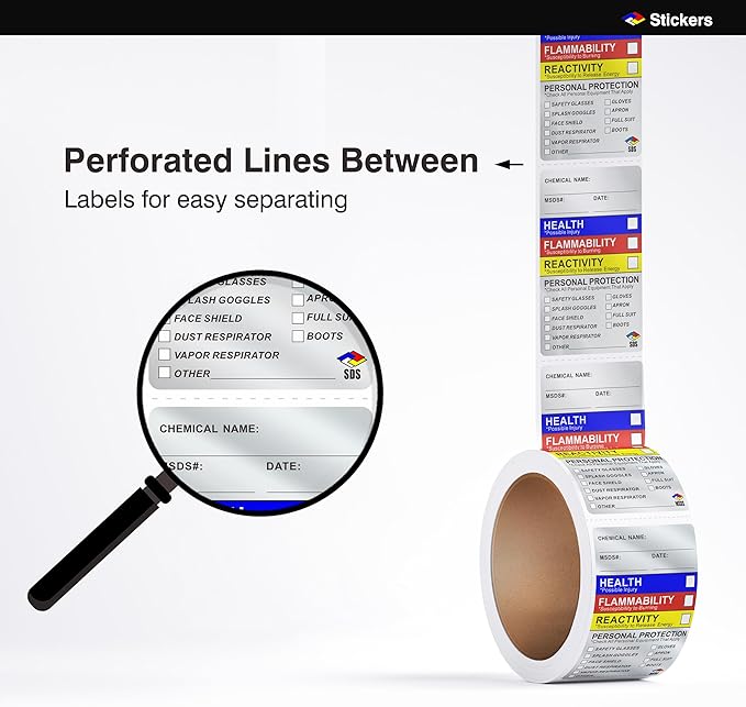 SDS Labels Stickers, Roll of 250 OSHA Ghs Hmis Labels Stickers for Chemical Safety, Ghs Label for Secondary Containers, HMIS & Hazard Compliant, MSDS Label