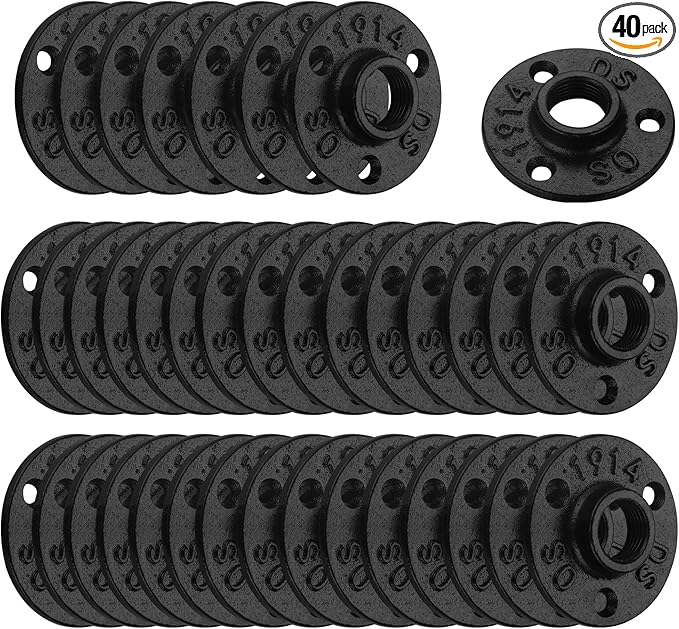 1/2" Antirust Black Floor Flange, 40 Pack Malleable iron Pipe Fittings for Industrial vintage style, Flanges with Threaded Hole for DIY Project/Furniture/Shelving Decoration (40, 1/2")