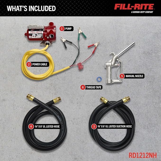 Fill-Rite RD1212NH 12V 12 GPM Portable Fuel Transfer Pump w/Discharge Hose, Manual Nozzle, Power Cable, & Suction Hose