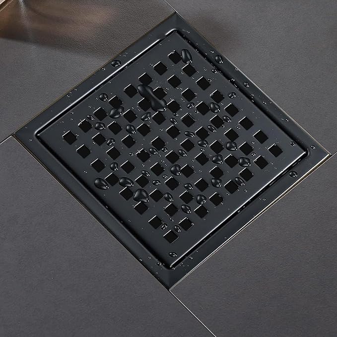 6 Inch Square Shower Floor Drain, Shower Drain Kit with Flange, Square Shower Drain, SUS 304 Stainless Steel Floor Drain,Matte Black