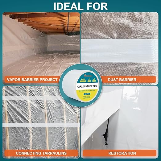 Golden Fox Vapor Barrier Tape, 4'' x 180' Roll, 9 Mil White Polyethylene Moisture and Vapor Barrier Seam Tape for Crawl Spaces, Marine Use, Insulation Tape, Underlayment & More, Waterproofing,1 Pack