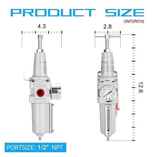 NANPU 1/2" NPT High Pressure Air Filter/Regulator Combo, T-Handle, Semi-Auto Drain, 0-300 Gauge, Metal Bowl
