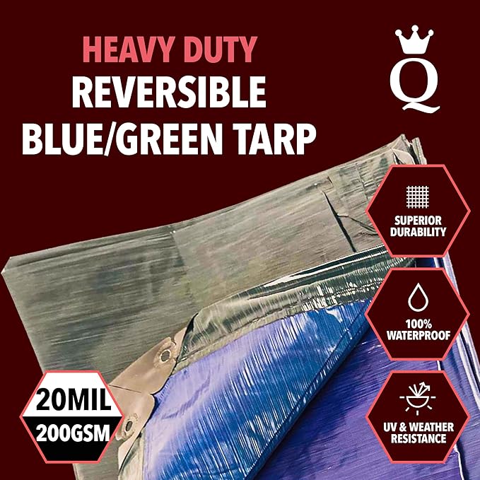 QUEEN OF TARPS | 8x10 Heavy Duty Tarp Waterproof, 120 GSM is 12 MIL, UV/Tear Resistant Tarp, Camping, Outdoor Furniture, Car, Tents, Painting, Firewood Protection | 8x10, Heavy Duty