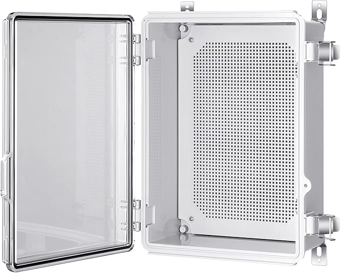 Junction Box, IP67 Waterproof Plastic Enclosure for Electrical Project, Hinged Grey Cover, Includes Mounting Plate and Wall Bracket (Transparent Cover, 14.6"×10.6"×5.9")