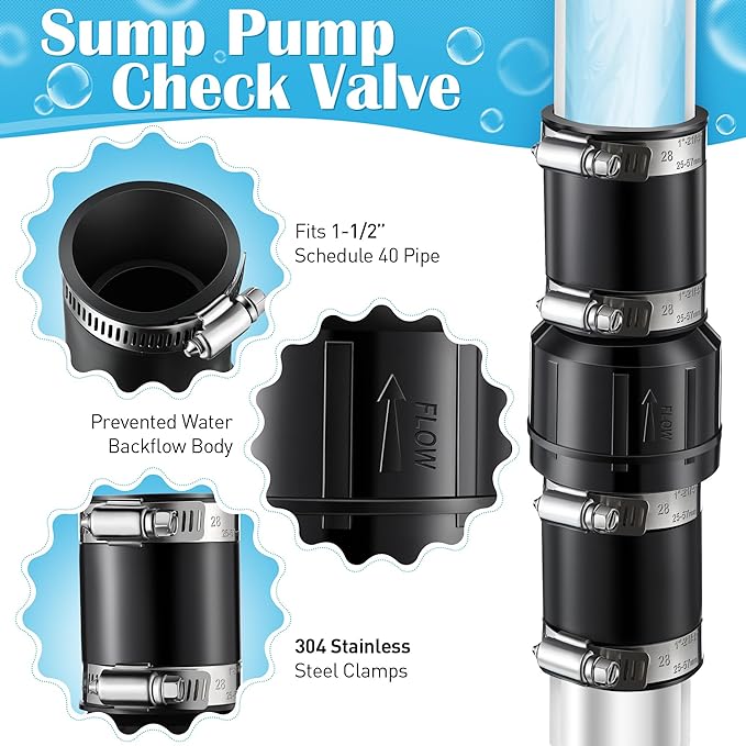 2 Pack Sump Pump Check Valve Fit 1-1/2 inch and 1-1/4 inch Pipe, Check Valve with 4 Pcs Stainless Steel Hose Clamps for Sump Pump Life Expectancy Increase