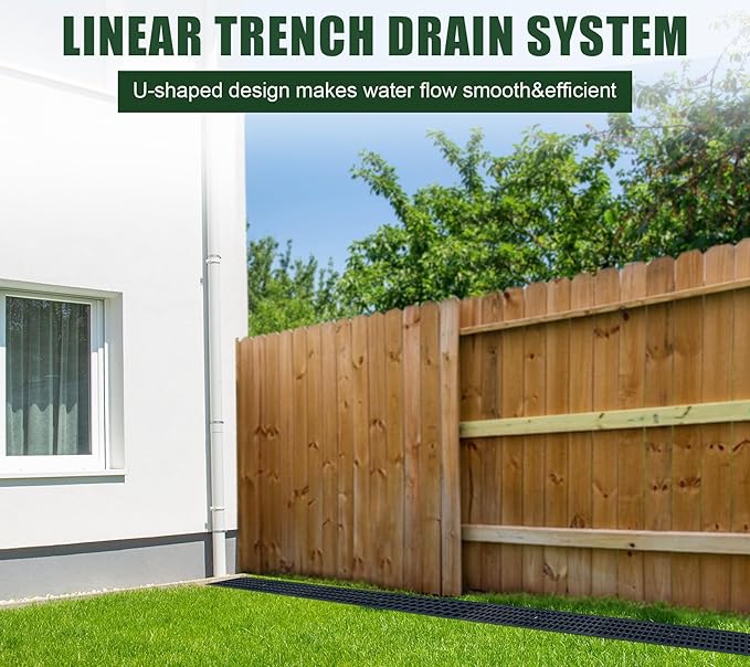 HDPE Channel Drain with Grates-19.7x5.5x3.7 in. Trench Drain System, 6 Pack Total Length 118.2 in, Yard Drainage System with 2 Outlet Adapters for Outdoor,Yard Fence,Sidewalk,Patio