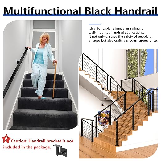 2Pack 8FT T304 Stainless Steel Handrails Black with Extension Connectors End Cap Kits for Cable Railing System Posts Kit, Cuttable Rectangular Handrails Flat Top Rail - 2.36" W x 1.18" H