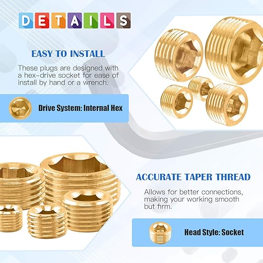 Glarks 16Pcs Brass 1/8'' 1/4'' 3/8'' 1/2'' 3/4'' NPT Male Pipe Plug Fitting Set Internal Hex Thread Socket Pipe Plug Assortment Kit