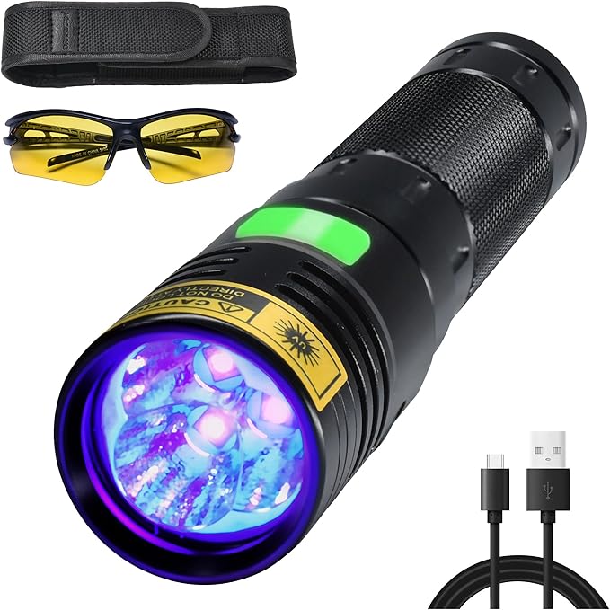 DARKBEAM UV Flashlight 395nm Black Light, 20W High Power 3 UV LEDs USB -C Rechargeable, Mini Woods Lamp Ultraviolet with Glasses- Detector for Pet Urine, Uranium Glass - Leak Detection - Curing Resin