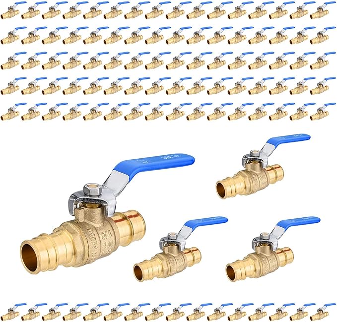 100-Pack Foskan 3/4" Brass PEX-A Ball Valve with Blue Handle, Quarter Turn Full Port Valve for PEX-A Pipe Connection