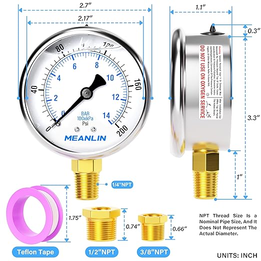 MEANLIN MEASURE 0~200Psi Stainless Steel 1/4" NPT 2.5" FACE DIAL Liquid Filled Pressure Gauge WOG Water Oil Air Lower Mount, with 1/2" NPT and 3/8" NPT Hex Bushing