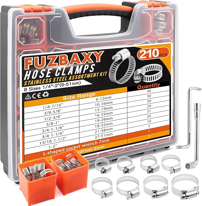 210-Piece 304 Stainless Steel Worm Gear Hose Clamps Assortment Kit,1/4-2 Inch(6-51mm) for Plumbing,Automotive,Fuel Line,Industrial,Tube,Applications