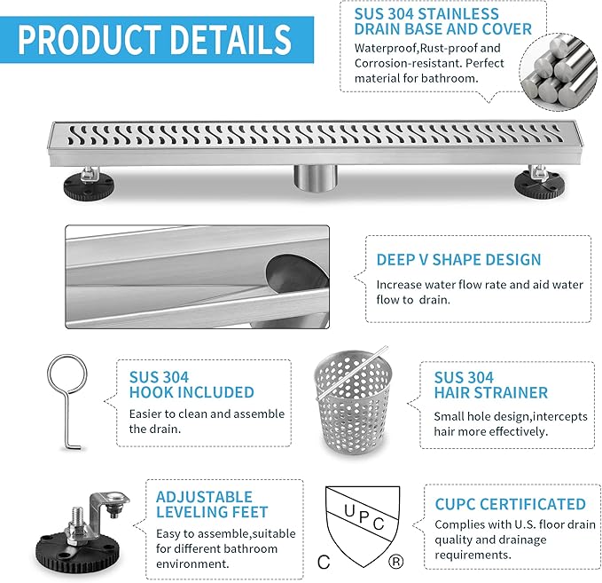 Linear Shower Drain 36 inch, Floor Drain with Removable Pattern Grate, 304 Stainless Steel Rectangular Linear Drain with Hair Strainer, CUPC Certified, Brushed Nickel, SD-103