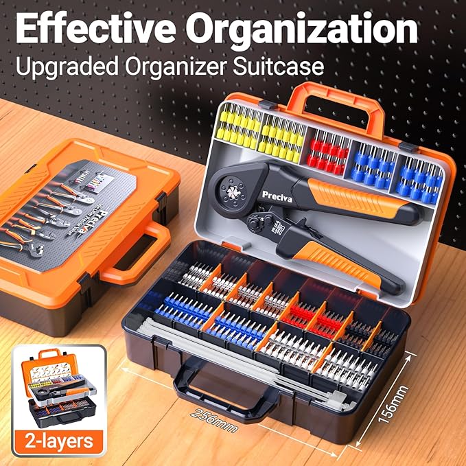 Preciva Ferrule Crimping Tool Kit - AWG 28-5 (0.08-16mm²) Hexagonal Ferrule Crimper with 1500Pcs Ferrules Connectors and 150Pcs Cable Ties, Self-Adjustable Ratchet Ferrule Terminals Crimping Tool