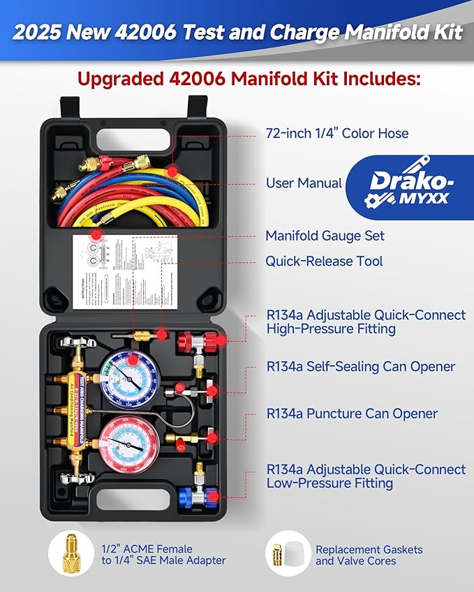 Upgraded New 42006 Test and Charge Manifold Set, with 3-1/8" (80 mm) Gauge, with 72" HVAC Hoses and Quick Coupler Adapters, 1/4" Standard Flared Fittings, Suitable for R-22/134A/404A, Toolbox