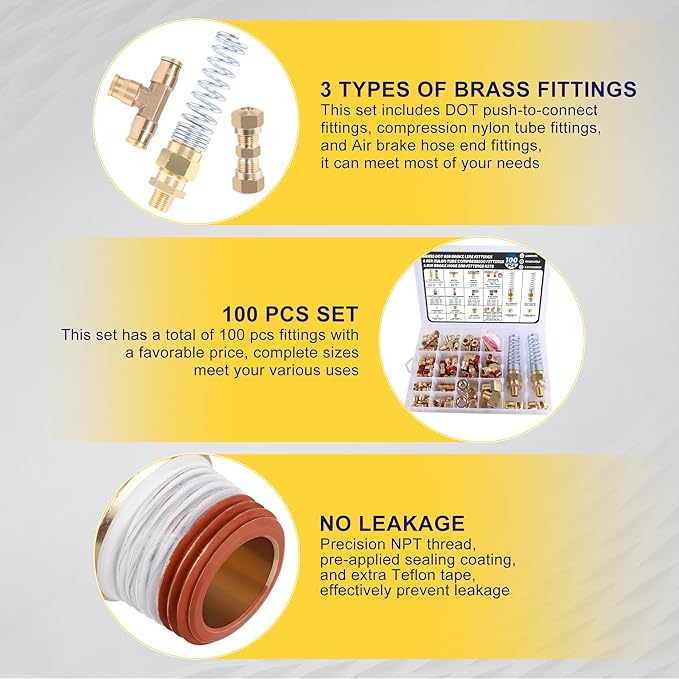 100 Pcs Brass DOT Air Brake Line Fittings & Air Nylon Tube Compression Fittings & Air Brake Hose End Fittings Assortment Kits,Air Hose Fittings 1/4" 1/8" 3/8" 1/2" NPT