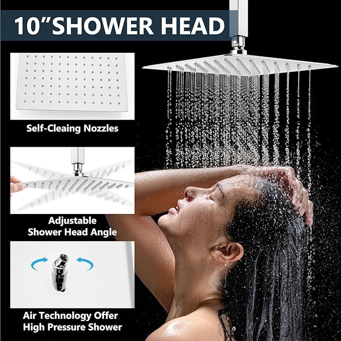Aolemi Shower Faucet Set Ceiling Mount Shower System Rough-in Valve and Shower Trim Kit 10 and 6 Inch Dual Shower Head 2 in 1 Handheld Spray Push Button Diverter Polish Chrome