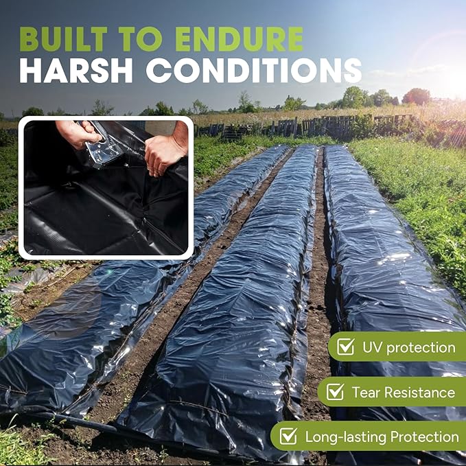 10 Mil Black Plastic Sheeting 5x100 FT – UV Protection Poly Sheeting Polyethylene Film, Black Plastic Rolls for Garden, Crawl Space Vapor Barrier, Construction, Landscaping, Weed, Moisture Control