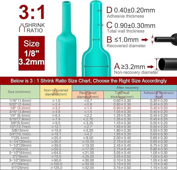 Chanzon 3:1 Ratio 1/8" (3.2mm) Heat Shrink Tubing - Marine Grade Waterproof Adhesive Lined - 8Ft Roll (2.5M Total Length) Green Polyolefin Sleeving Wrap Shrinking 3 to 1 Ratio 1pcs