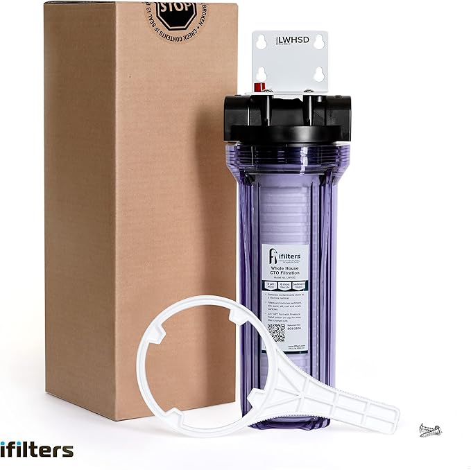 iFilters Whole House Sediment Filter System for Dirt, Sand, Silt, Rust and Scale - Clear Housing - 3/4" Ports - Pressure Relief Button