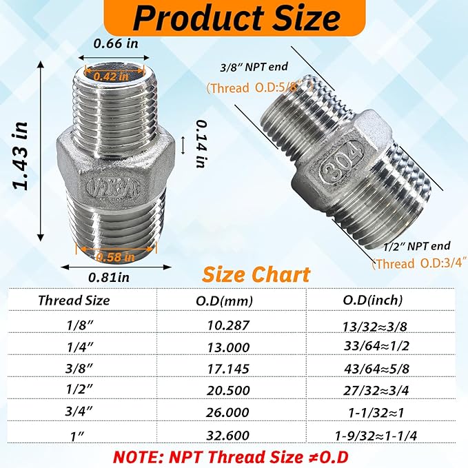 2pcs 1/2" NPT x 3/8" NPT Stainless Steel Nipple, 1/2 to 3/8 Adapter Fitting Reducing Solid Hex Stainless Steel Nipple, Male Reducer for Extending and Connecting Pipes