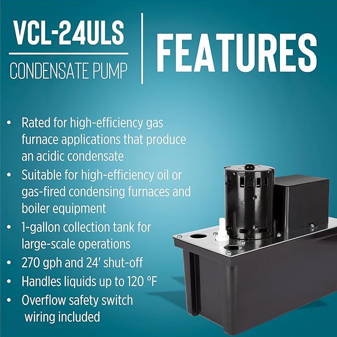 Little Giant VCL-24ULS 230 Volt, 1/18 HP, 270 GPH, Automatic Condensate Removal Pump with 1-Gallon Tank and Safety Switch, 6-Ft. Cord, Black, 553211