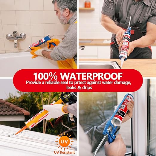 Clear Advanced Silicone Caulk & Sealant, 10Oz Cartridge, 100% Waterproof RTV Silicone Sealant for Kitchen and Bathroom, Shower, Toilet, Sink, Window and Door, Shrink & Crack Proof, 12 Pack