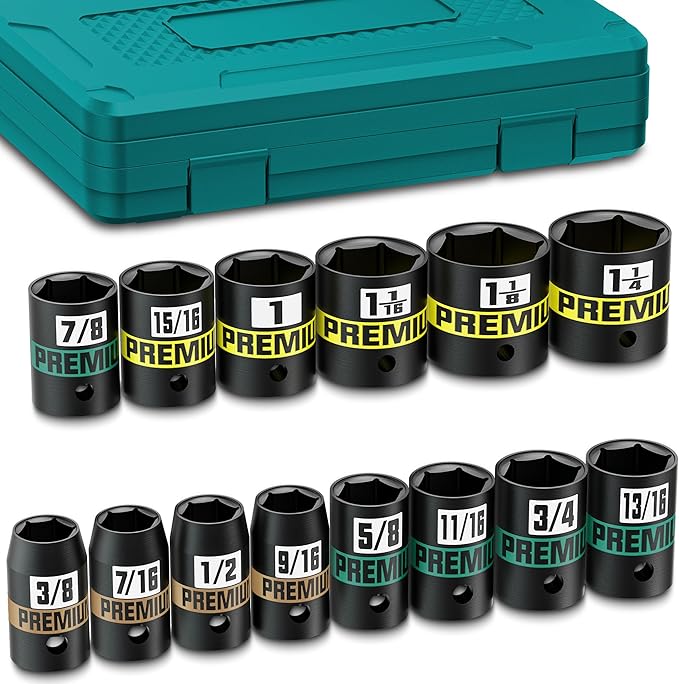 14-Piece 1/2" Drive Shallow Impact Socket Set, 3/8" to 1-1/4", Semi-Deep Sockets, Cr-V, Socket Set for Automotive and Home, SAE, 6 Point