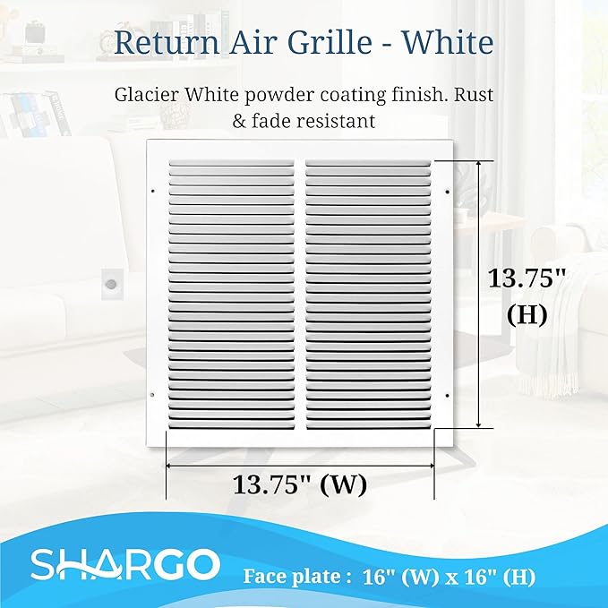 14 x 14 Inch Return Air Vent Cover, Solid Steel HVAC Grille for Wall or Ceiling, White Duct Opening, Durable Return Air Vent Cover, Airflow Ventilation Grille for Home or Office