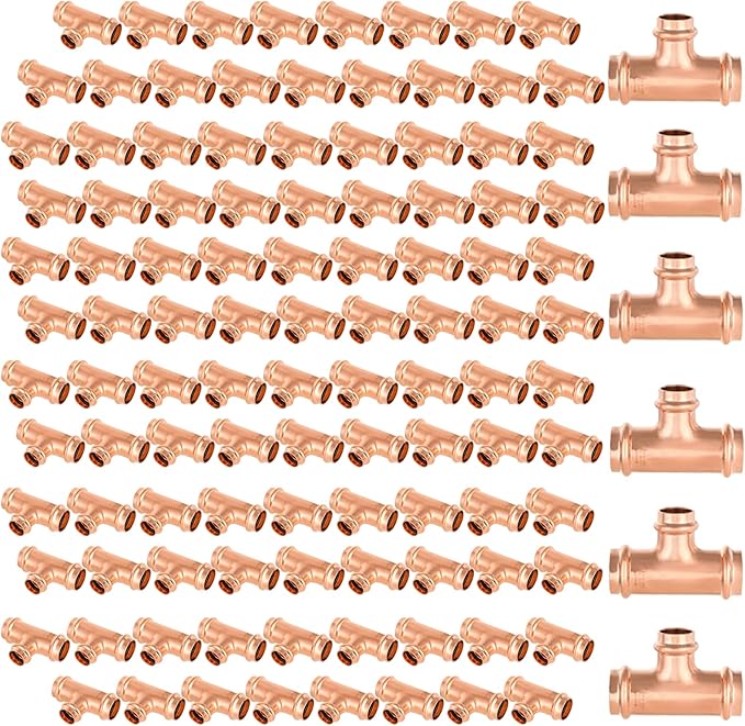 100-Pack GUOFIS Copper Press Tee,1" x 1" x 3/4" Tee Fittings for Copper Tube Connection with Stop(PRESS010-100Pack)