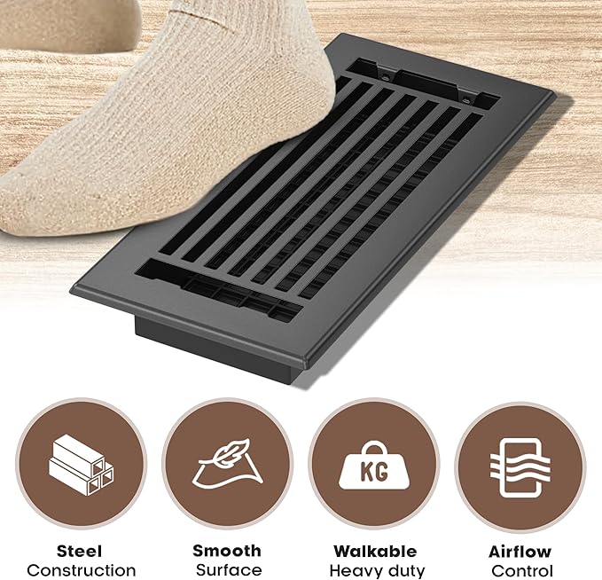 Floor Register 4x10 Vent Cover – 8 Pack – Heavy-Duty Steel, Rustproof & Walkable Grates, Drop-in Install, Adjustable Air Supply Switch - Decorative Straight Line Design, Textured Black