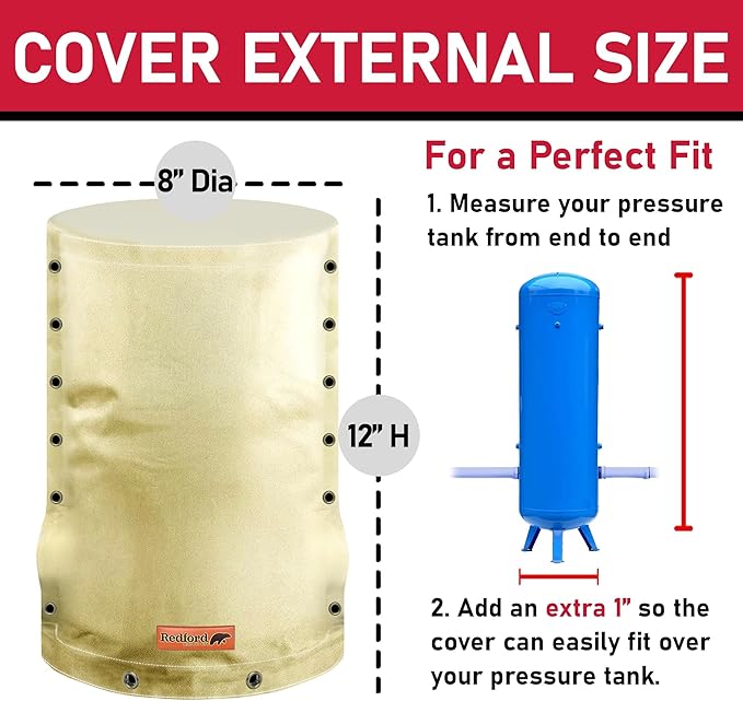 Redford Supply Co. Cold Snap (5°F) Round Pressure Tank Cover Insulation, 3-Way Round, 8"Diameter x 12"H, Water Well Tank Covers Insulated, Well Pump Cover Insulated Freeze Proof for Winter (Beige)