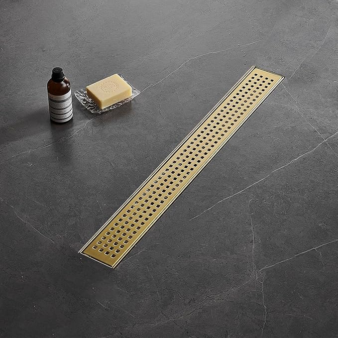 Linear Shower Floor Drain, Brushed Gold 48 Inch 304 Stainless Steel Bathroom Drains Kit, Long Rectangular Shower Trench Drain with Square Pattern Drain Cover & Hair Catcher