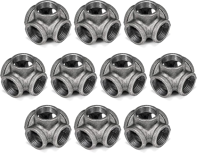 1" 5-Way Side Outlet Tee, Home TZH 10-Pack 5-Way Corner Gray Malleable Cast Iron Pipe Fitting for Industrial Pipe, Furniture and DIY Decoration (10, 1")
