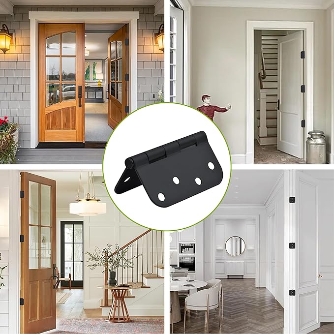 Door Hinge 4 Inch Interior Door Hinges Matte Black 4 Inch Interior Hinges Flat Iron Hinge 4"x 4" Door Hardware 5/8" Radius - 12 Pieces