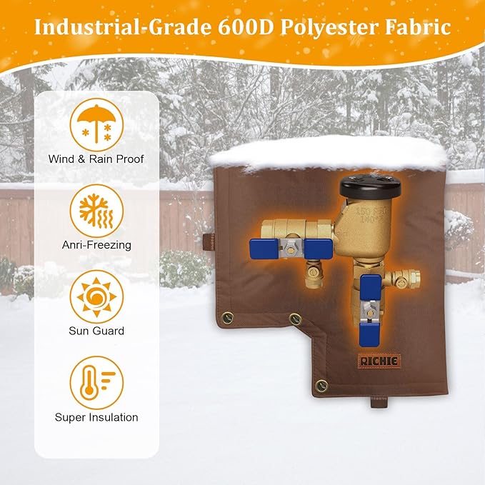 Backflow Preventer Insulated Cover (5°F) for Winter Freeze Protection, 13"W x 12"H Thickened Pressure Vacuum Breaker & Well Pump Cover, Outdoor Waterproof Insulation Pouch for Sprinkler Valve, Brown